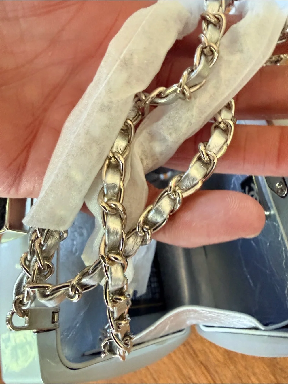 Fashion Chanel Silver Crystal 'CC' Clutch w Silver Tone Leather Link Chain NEW